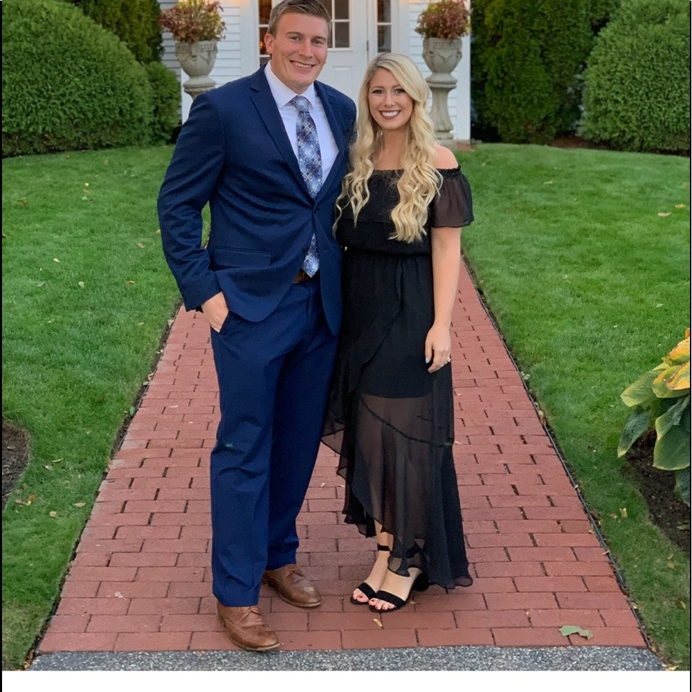 Black sheer off the shoulder high low dress